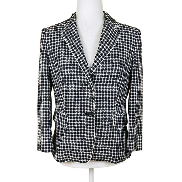Max Mara 2-Button Blazer Size 6 (READ) Navy White Check Wool Blend Unlined Italy - Picture 1 of 8